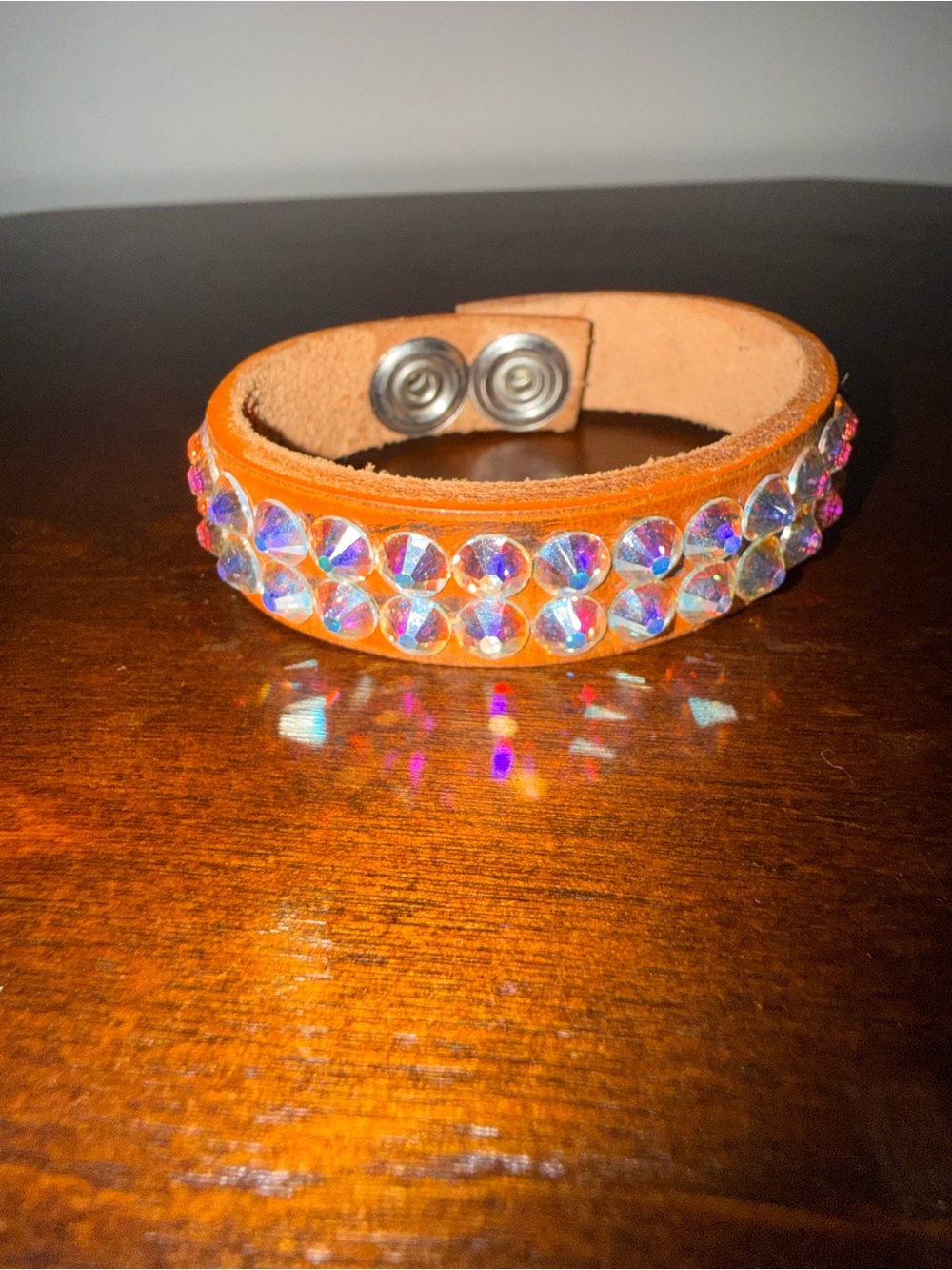 Leather snap bracelet iridescent accent studs